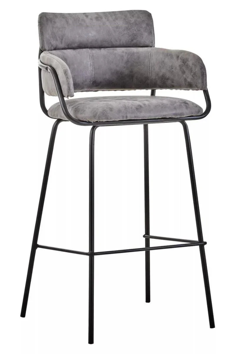 Grey velvet bar stool with padded backrest and black metal legs