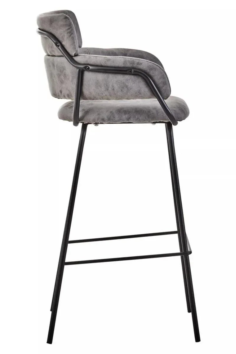 Grey upholstered bar stool with black metal legs side view