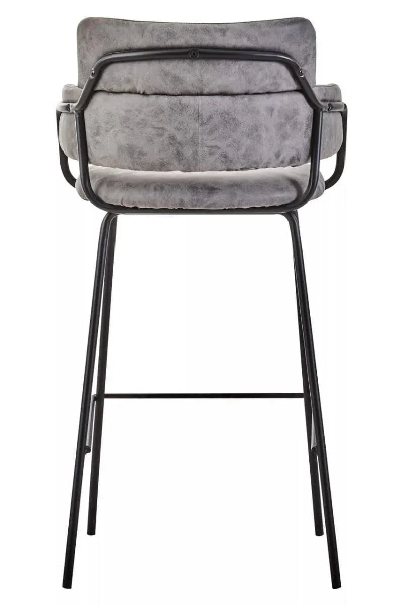Grey upholstered bar stool with metal frame back view