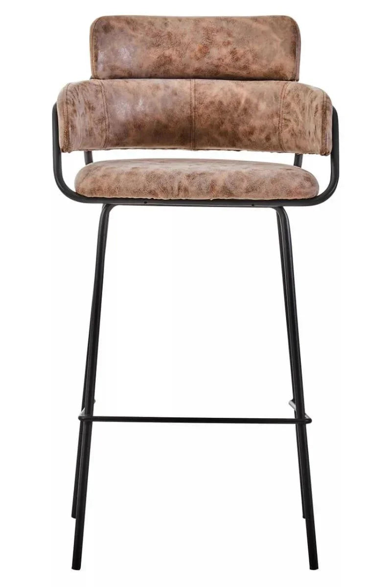 Brown leather bar stool with metal legs and padded backrest, front view