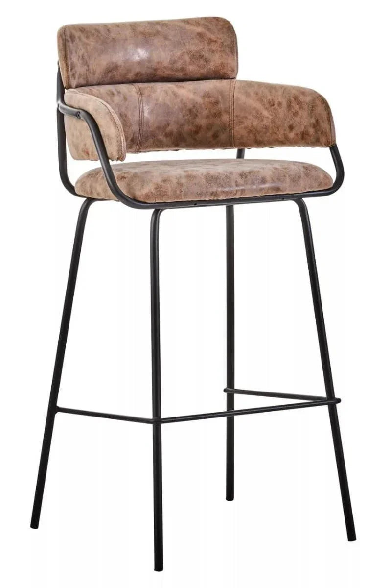 Brown faux leather bar stool with curved backrest and black metal legs