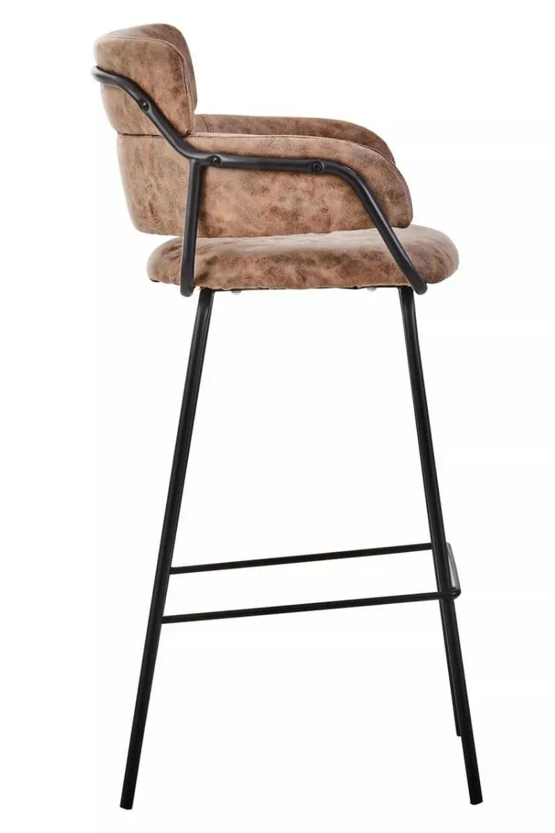 Brown upholstered bar stool with curved armrests and black metal legs, side view