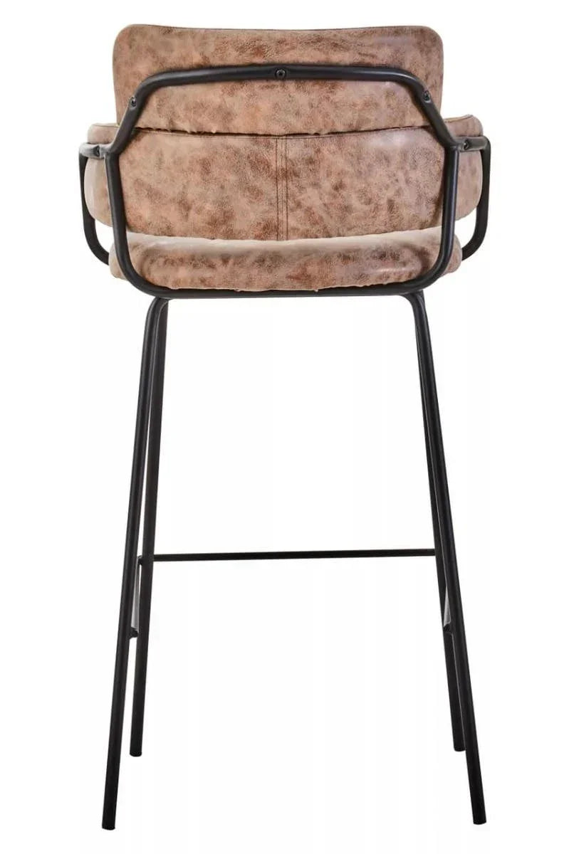 Back view of brown upholstered bar stool with black metal frame