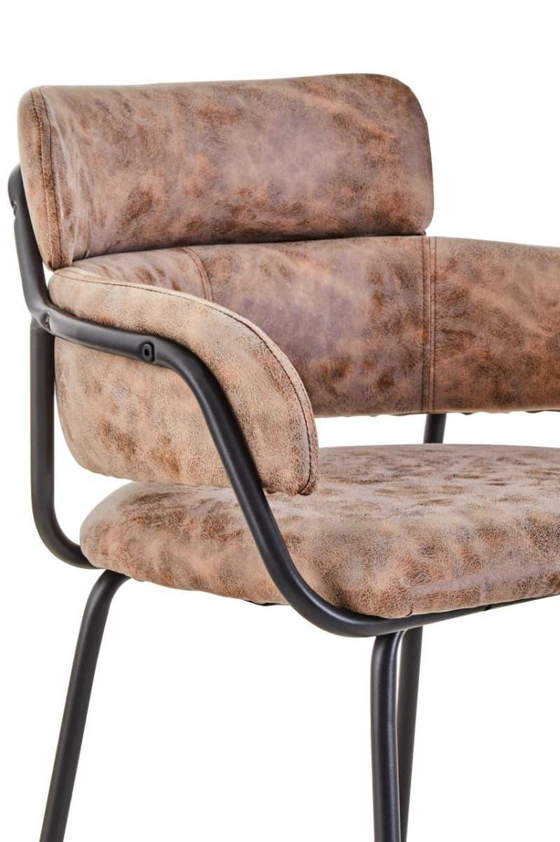 Brown faux leather dining chair with black metal frame and padded armrests
