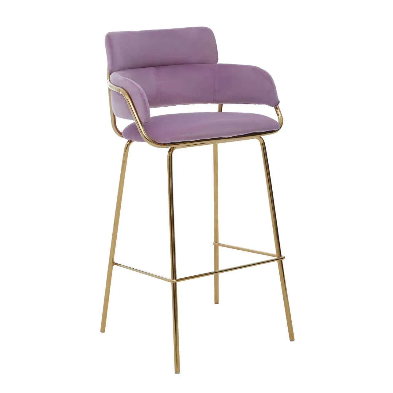 Purple velvet bar stool with gold metal frame and curved backrest