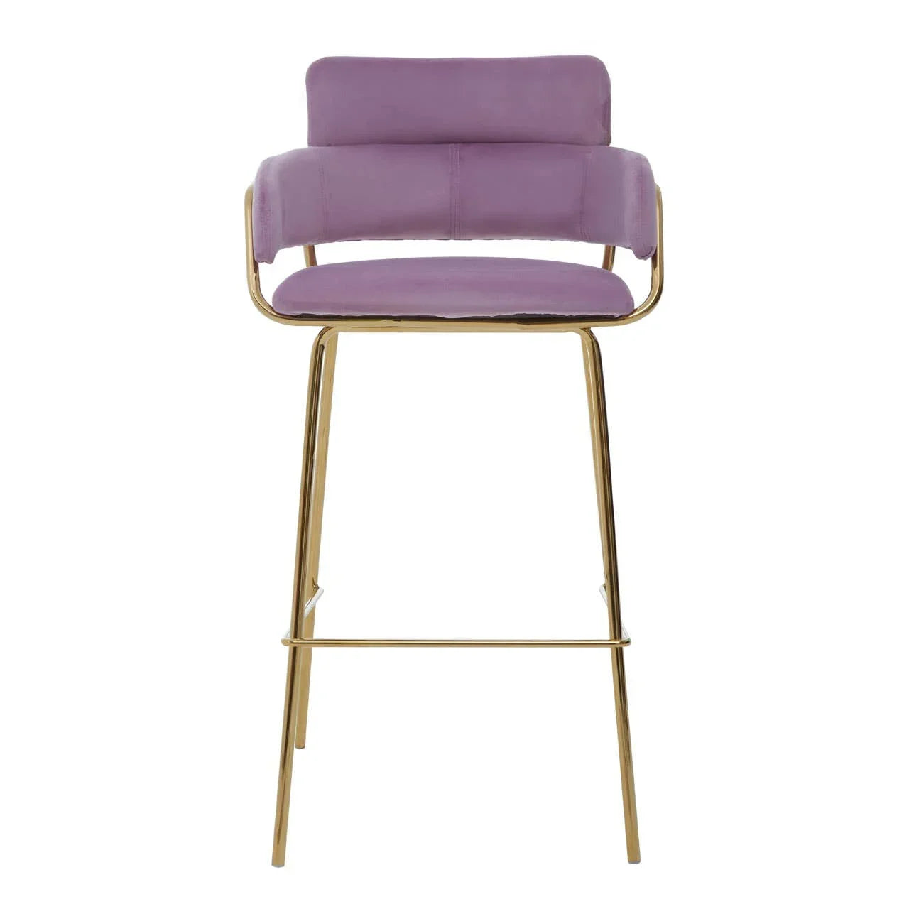 Purple velvet bar stool with gold metal legs and low backrest, front view