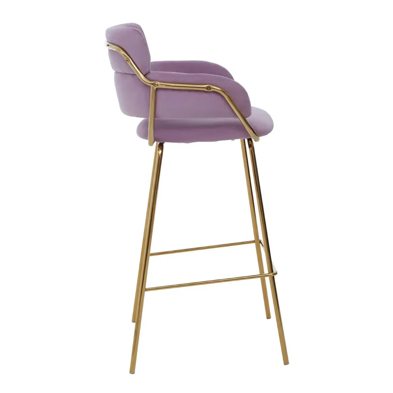 Purple velvet bar stool with gold metal legs and footrest, side view