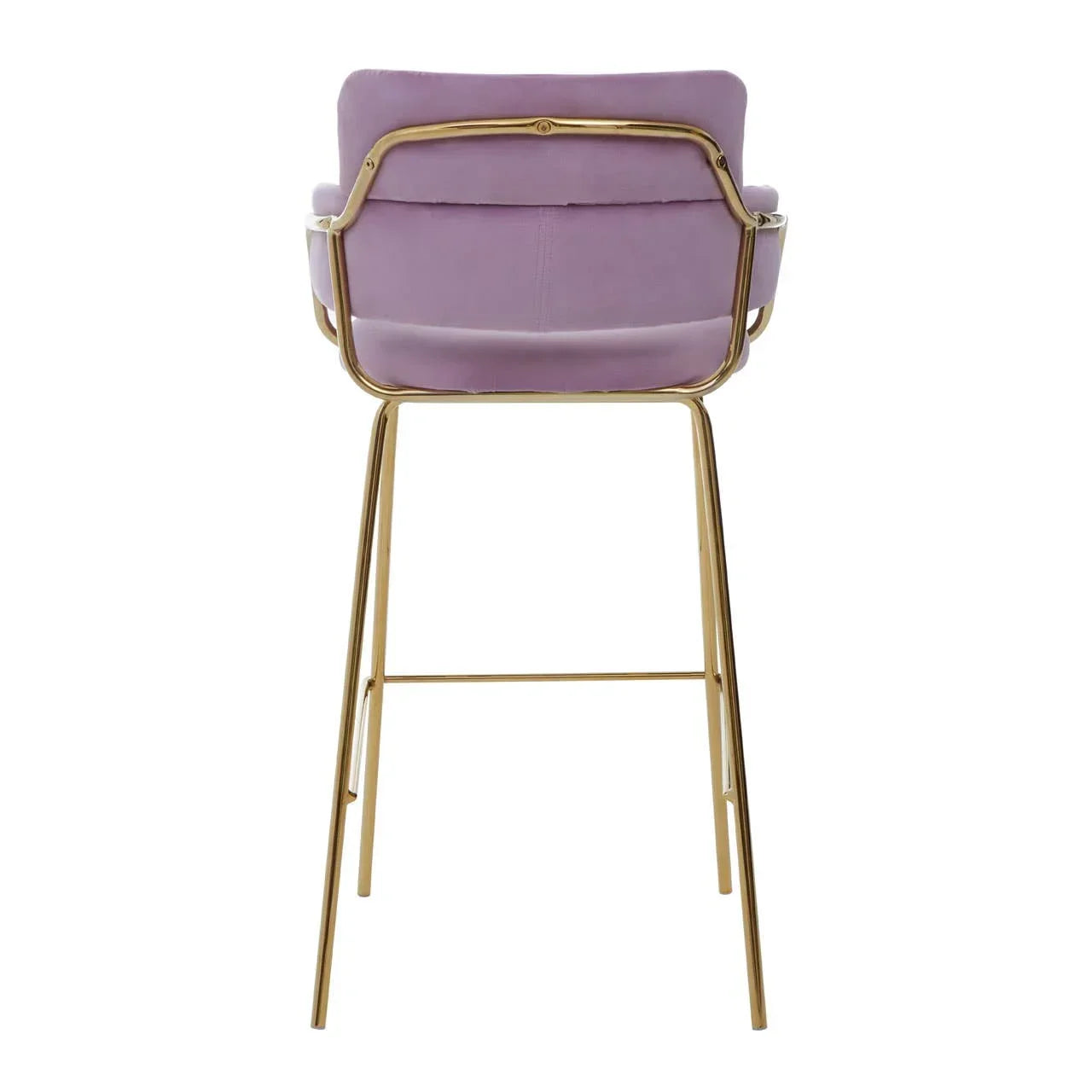 Back view of purple velvet bar stool with gold metal legs and frame
