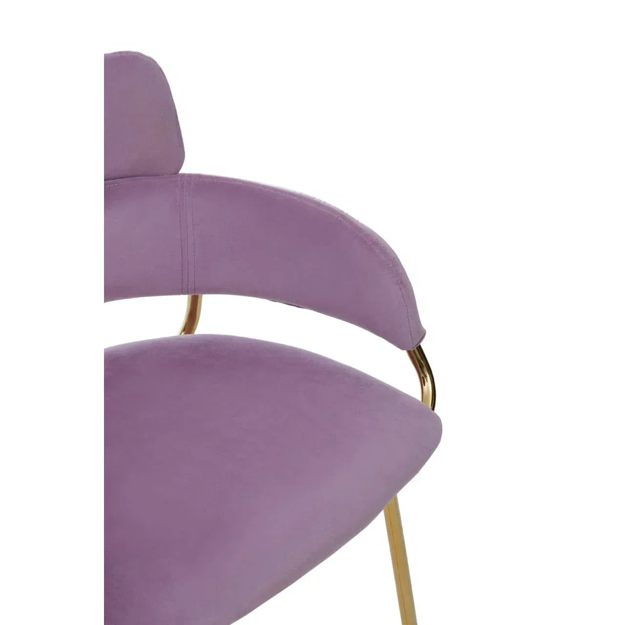 Close-up of purple velvet dining chair with curved backrest and gold metal legs