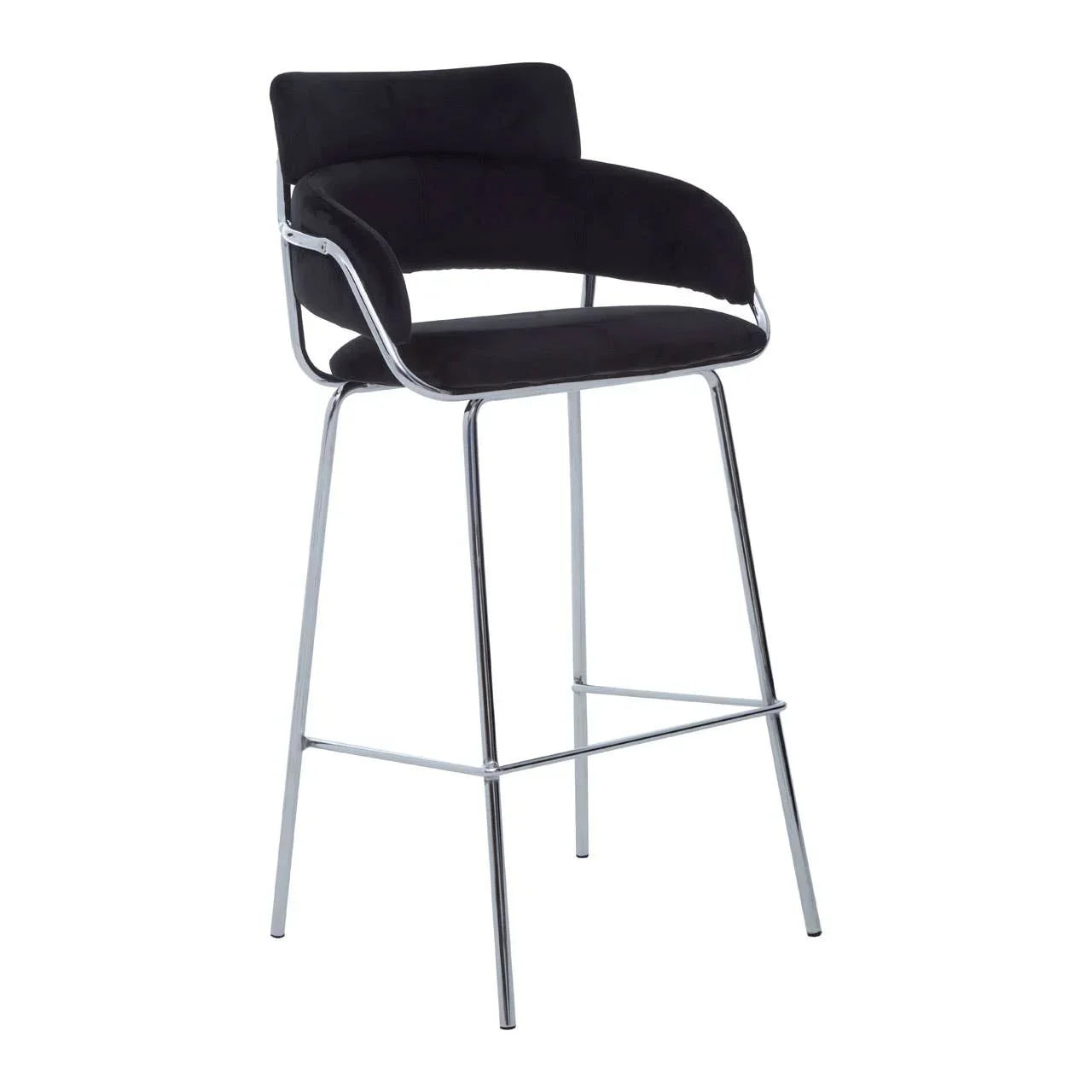 Black velvet bar stool with chrome legs and low curved backrest