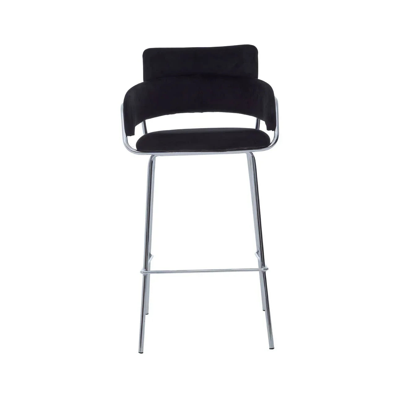 Black velvet bar stool with chrome legs and curved backrest, front view