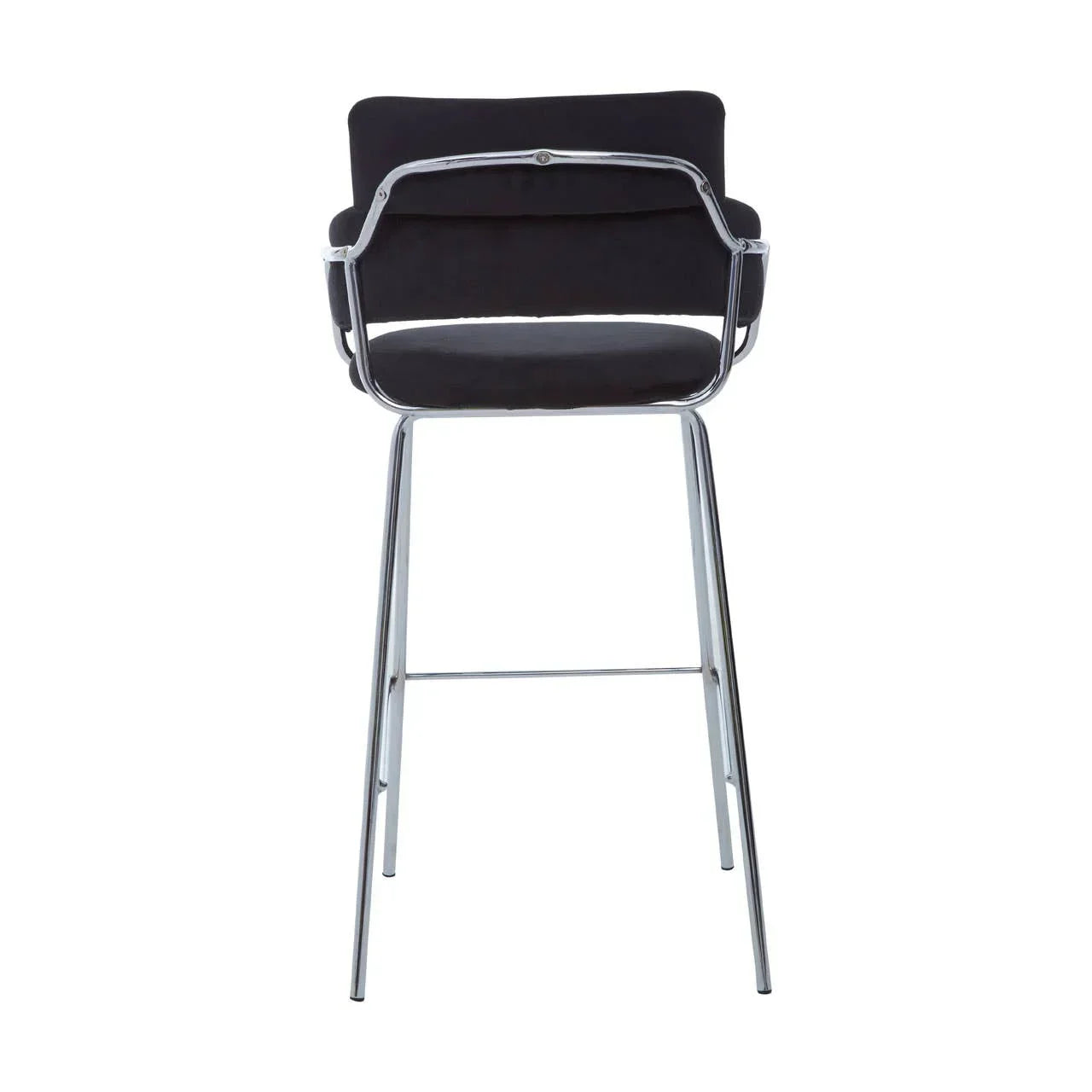 Black bar stool with chrome frame and padded backrest, rear view