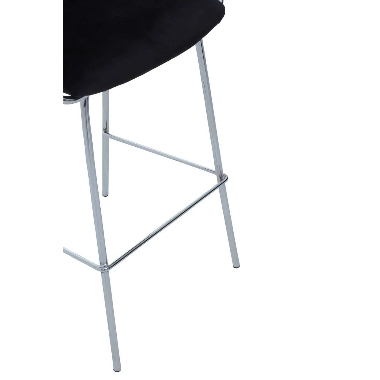 Black bar stool with chrome legs and footrest, close view of seat edge and frame