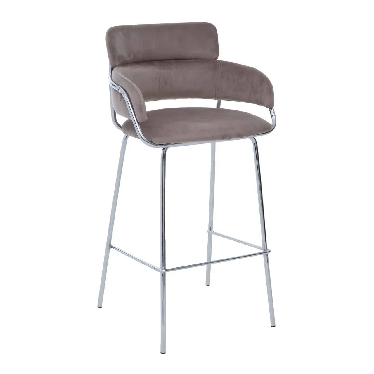 Grey upholstered bar stool with chrome legs and curved backrest