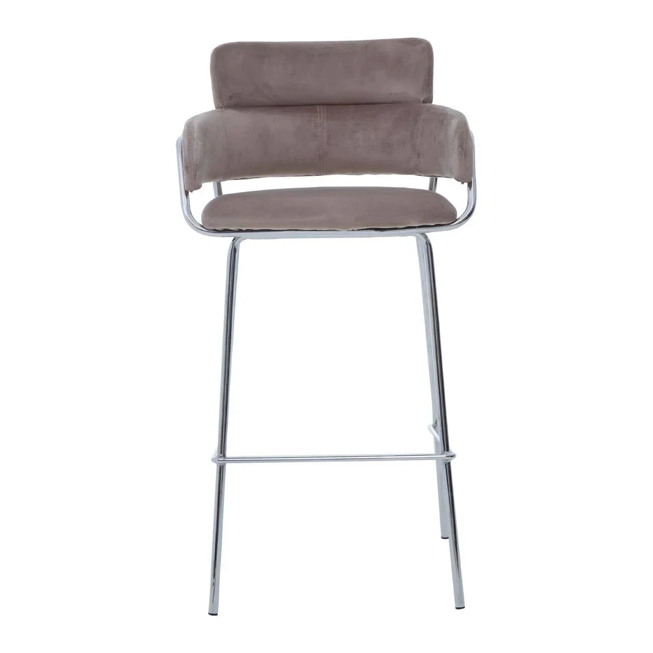 Taupe upholstered bar stool with metal legs and low backrest, front view