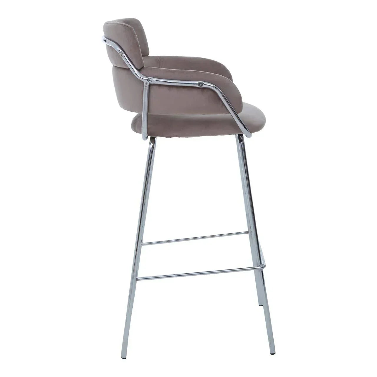 Taupe velvet bar stool with chrome metal legs and supportive armrests, side view