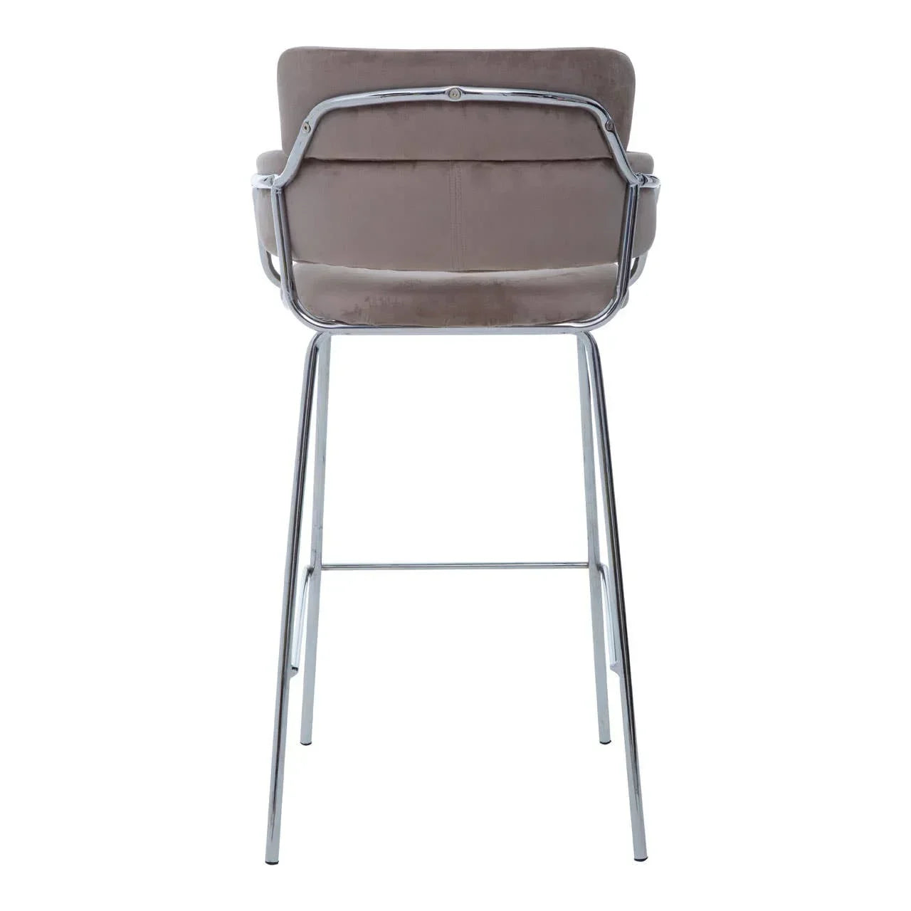 Velvet bar stool with chrome legs and backrest, rear view on white background