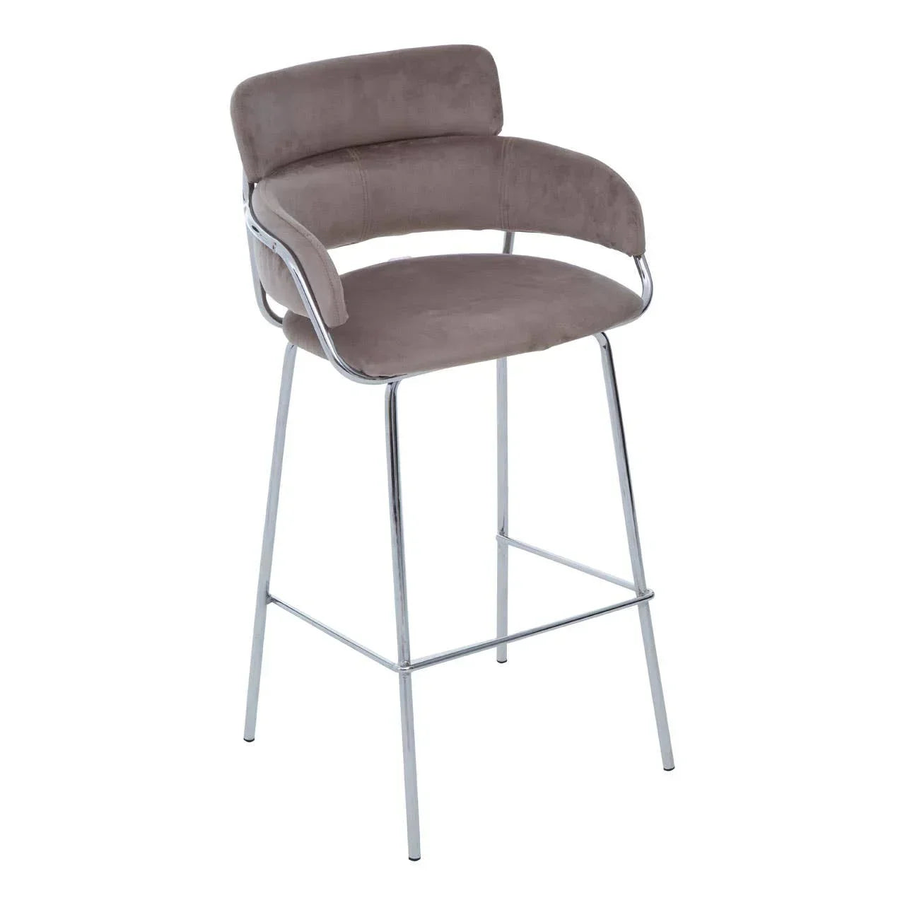 Taupe suede bar stool with padded seat, curved backrest and chrome legs