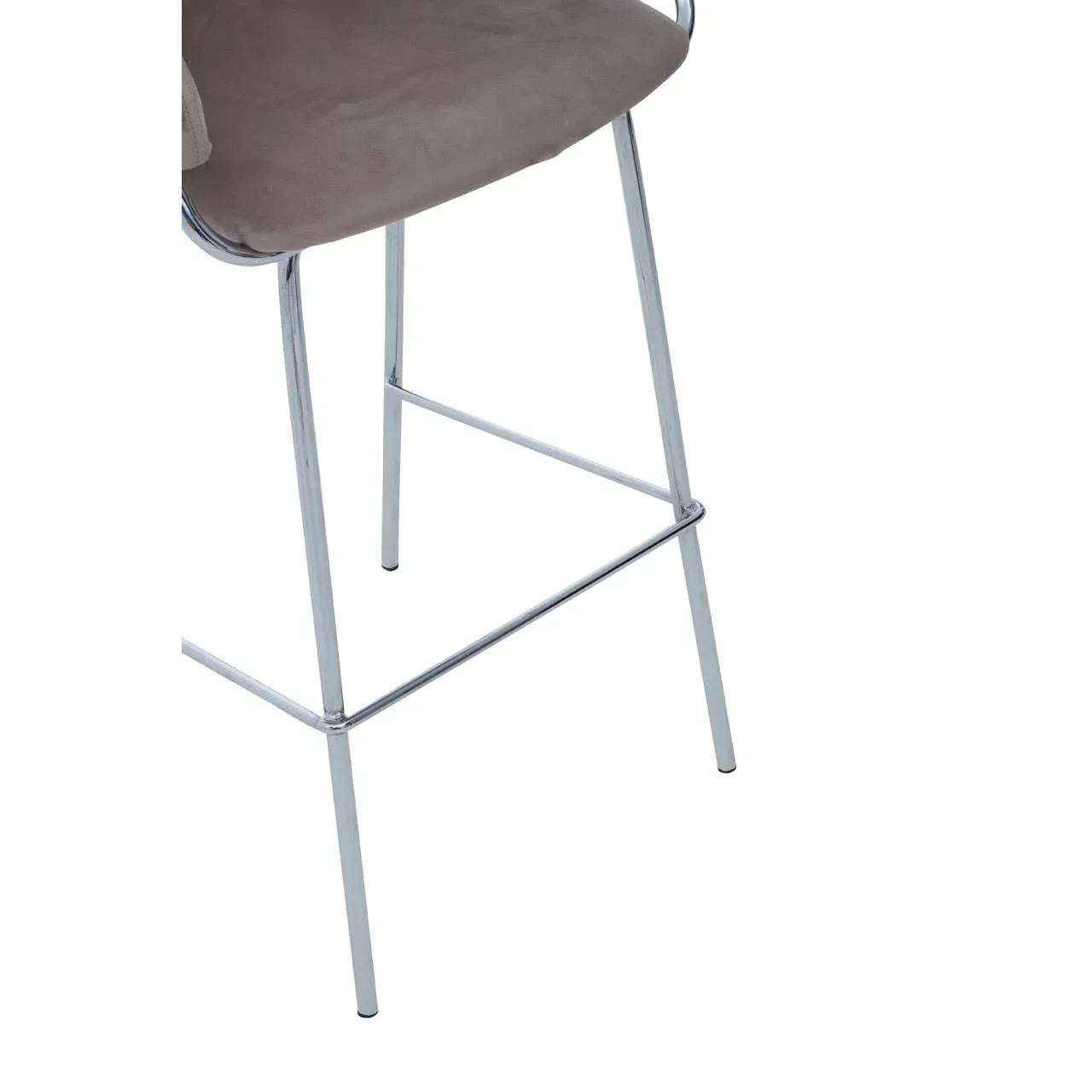 Bar stool with chrome legs and grey upholstered seat, close-up of base and seat