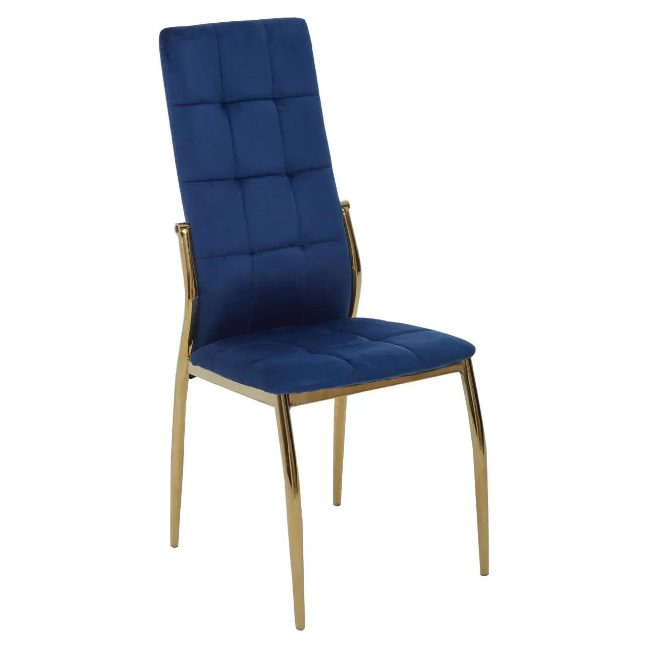Blue velvet dining chair with gold metal legs and high backrest, angled side view
