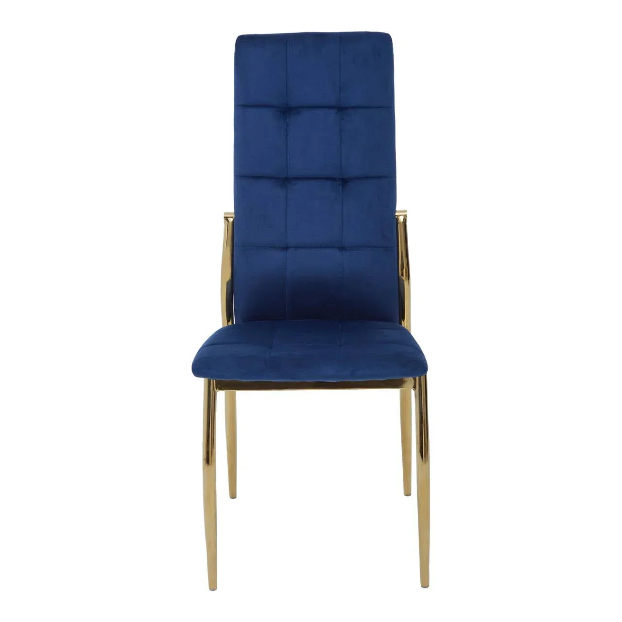 Blue velvet dining chair with gold metal legs and high backrest, front view