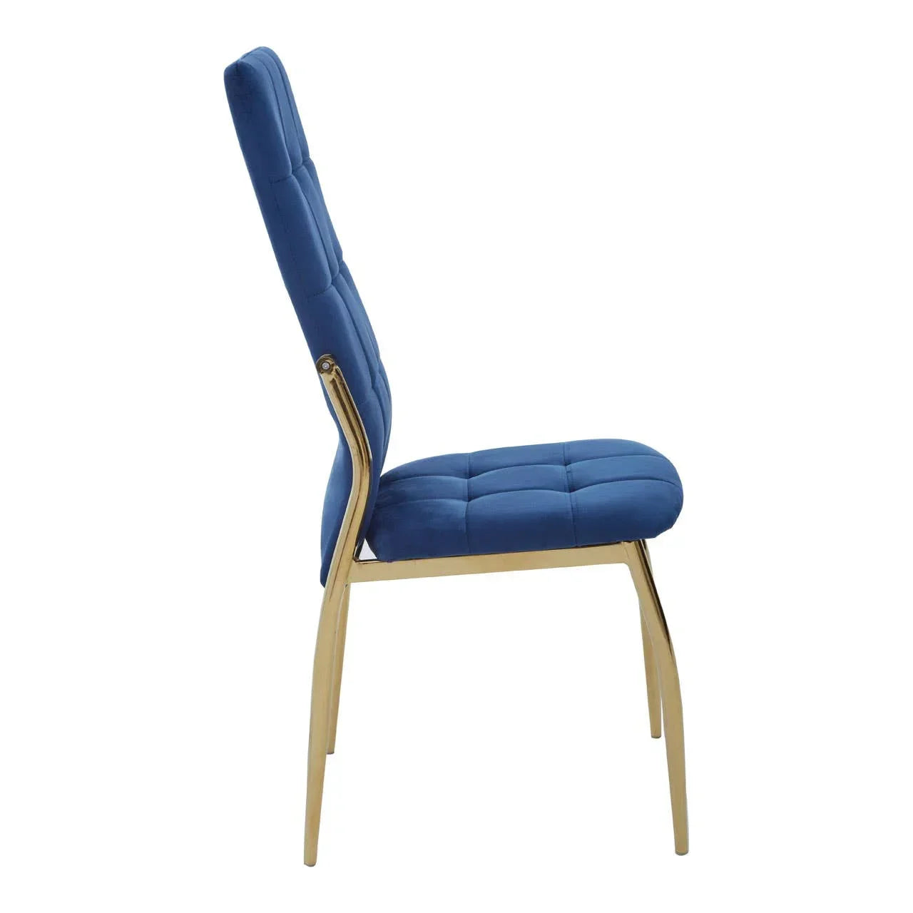 Blue velvet dining chair with gold metal legs, side profile view