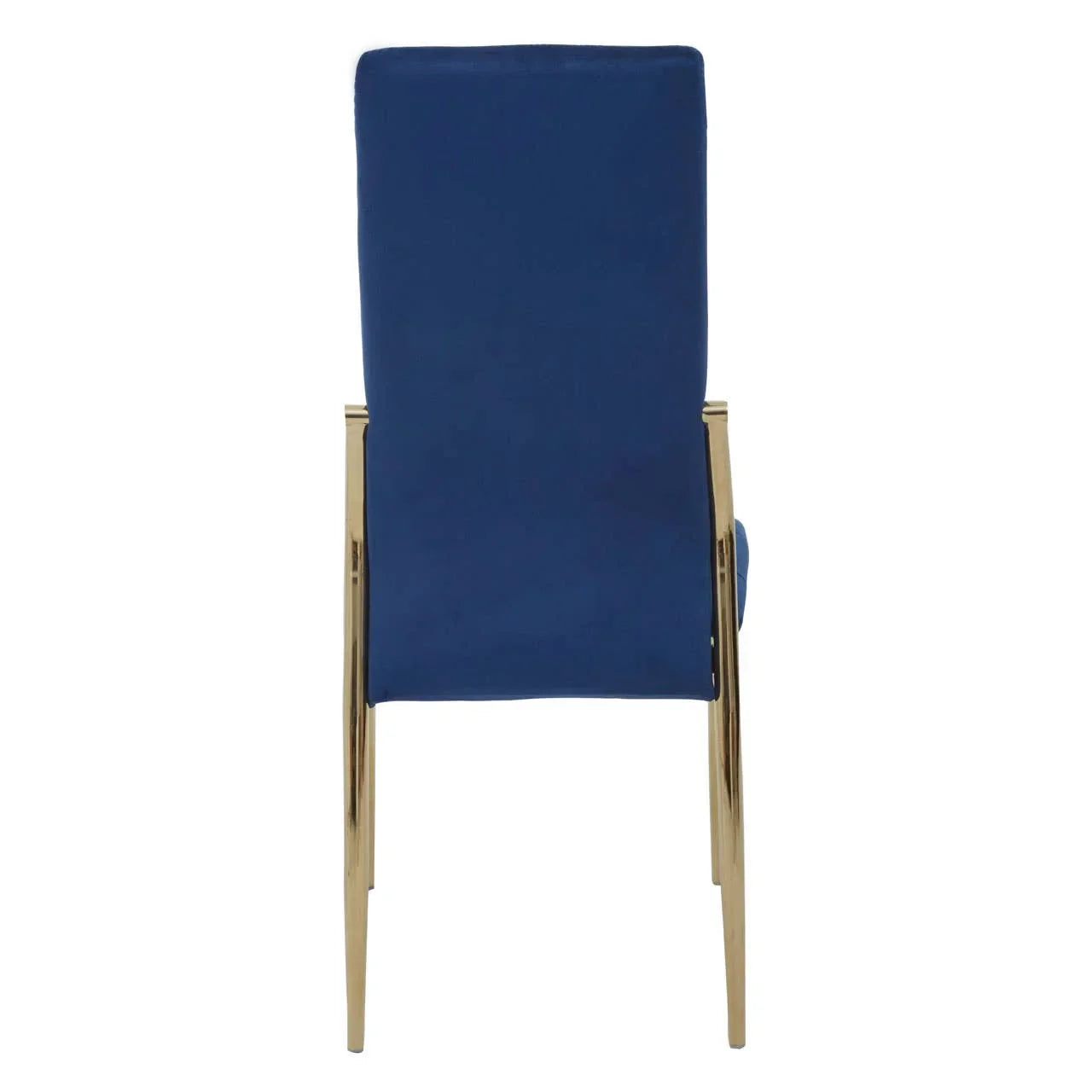 Blue velvet dining chair with gold metal legs, rear view