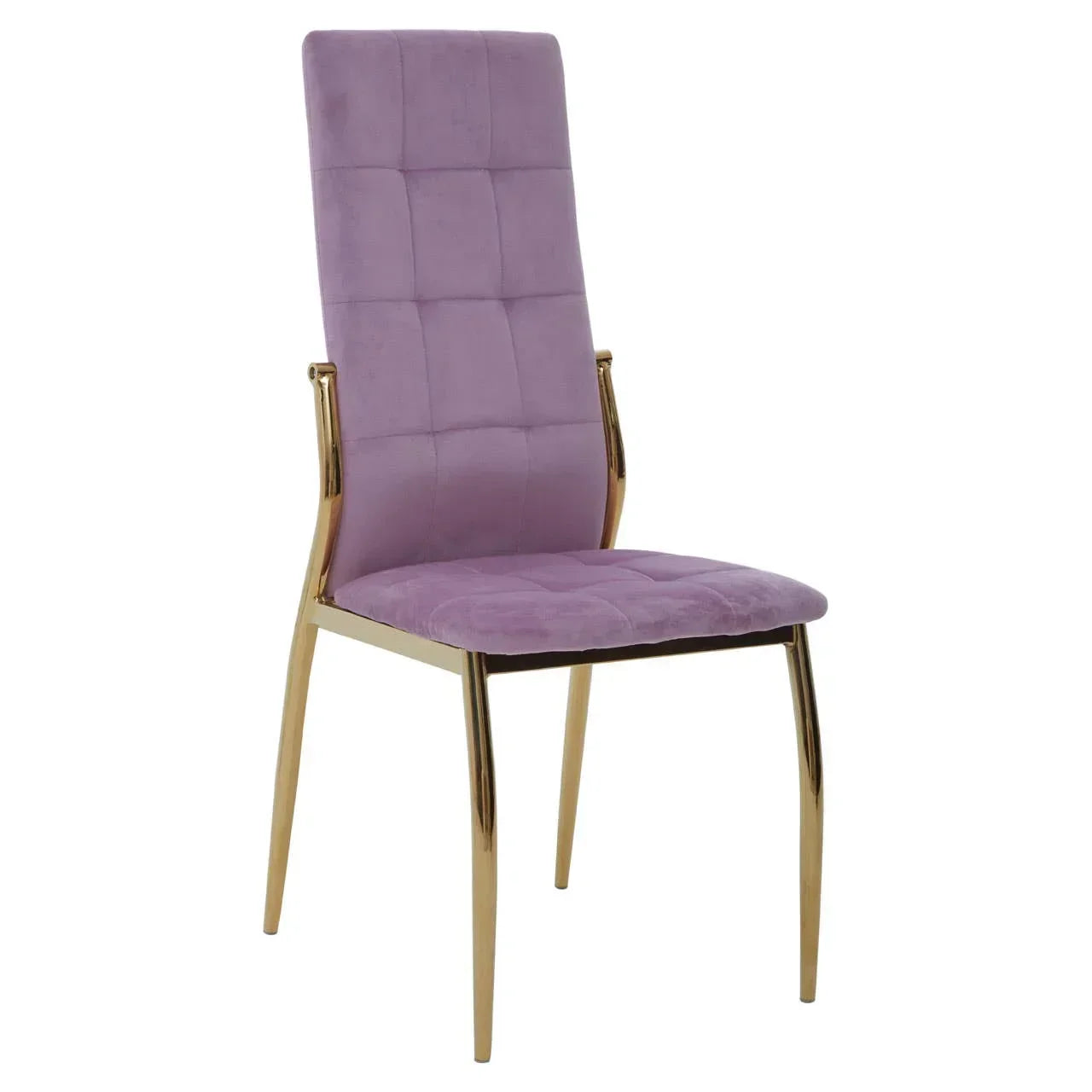 Purple velvet dining chair with gold metal legs and quilted seat, side angle view