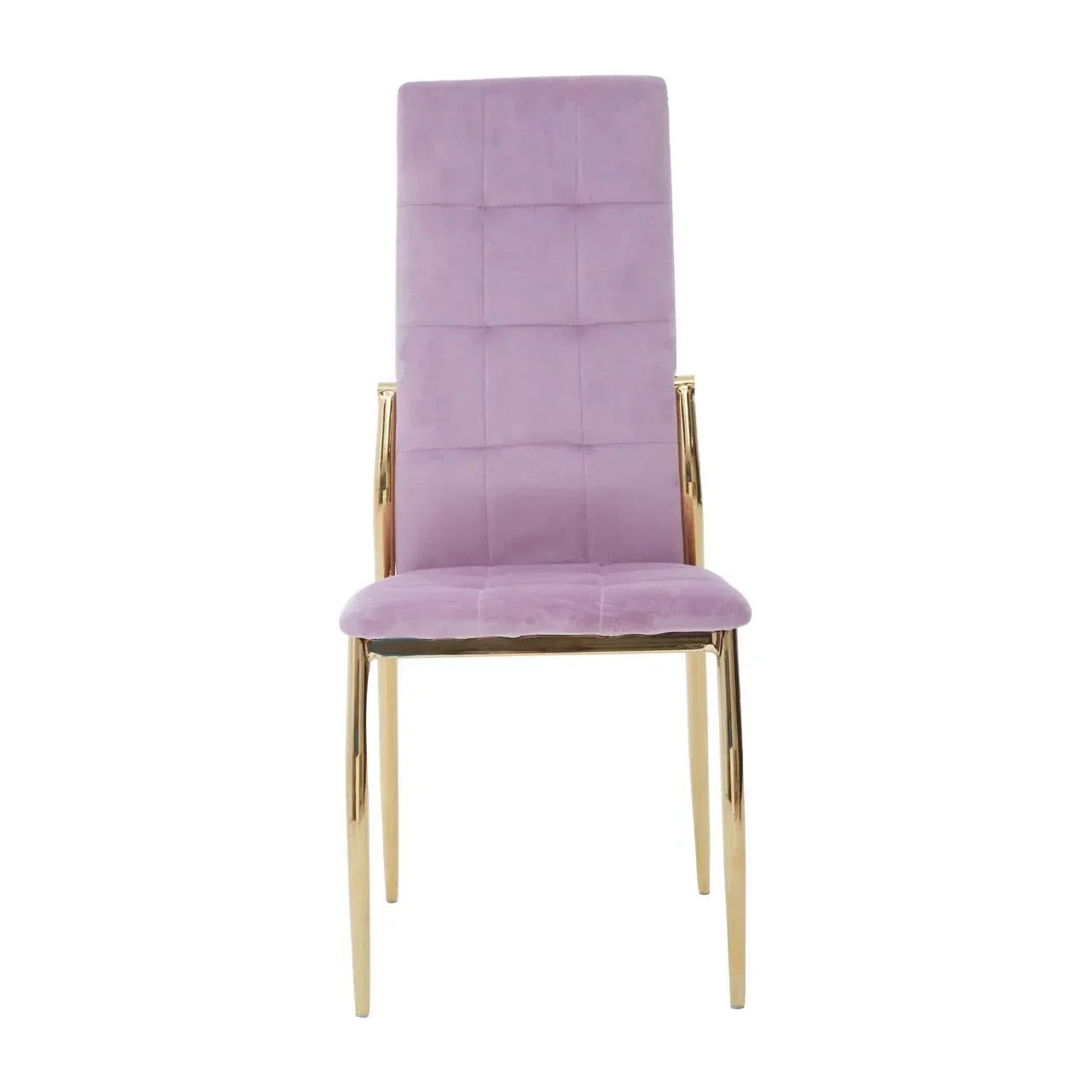 Purple velvet dining chair with gold metal legs, high back, shown from front view