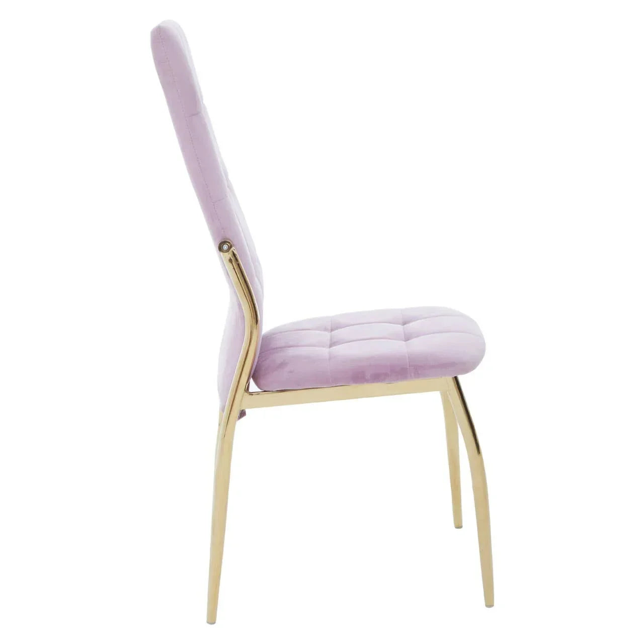 Side view of pink velvet dining chair with gold metal legs and quilted seat back