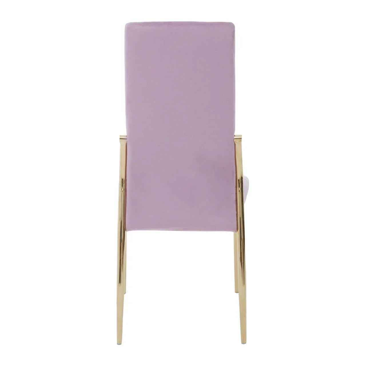 Rear view of pink velvet dining chair with gold metal legs and high backrest
