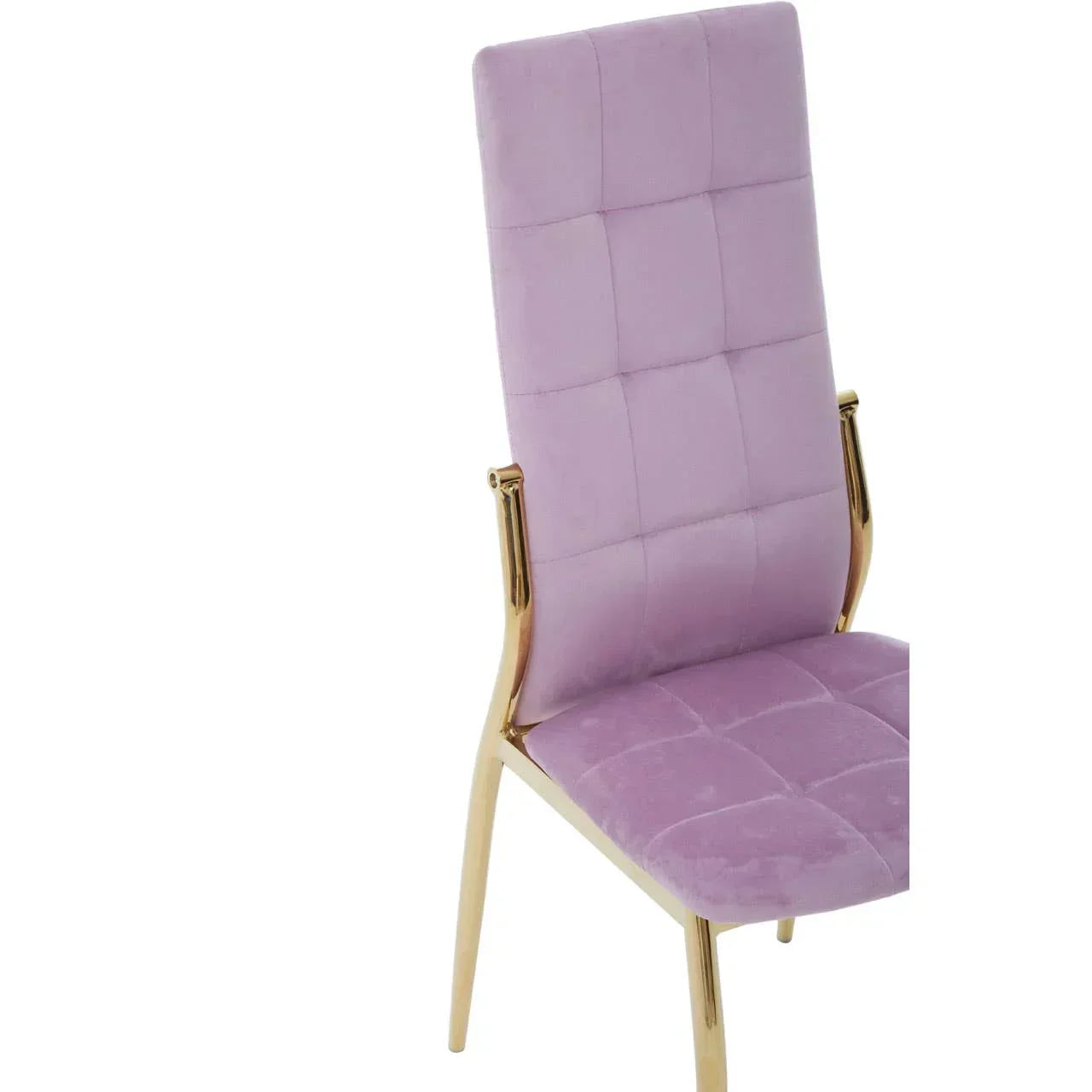 Purple velvet dining chair with quilted seat and gold metal frame, side angle view