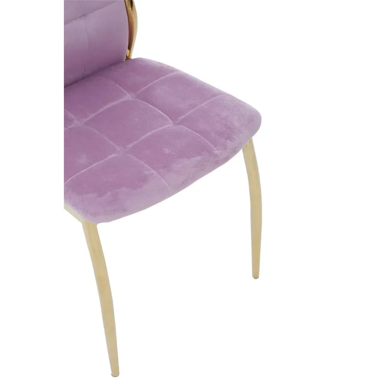 Lilac velvet dining chair seat with gold metal legs, close up view of upholstery detail