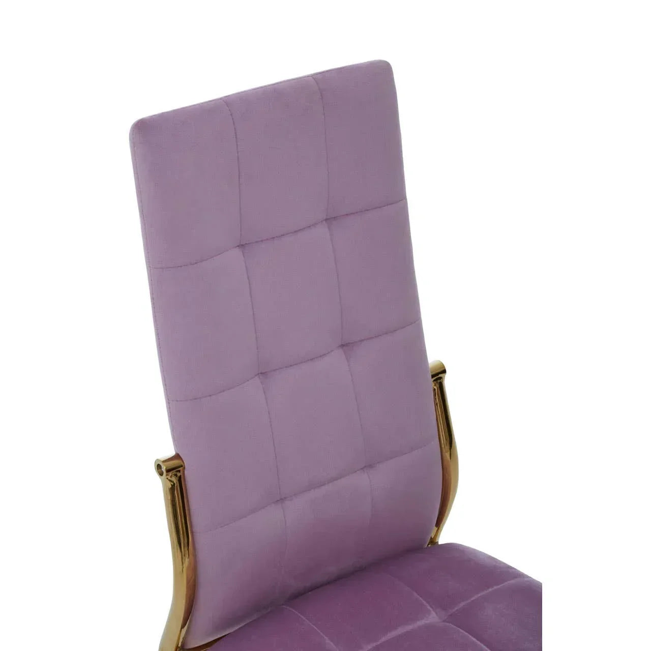 Purple velvet dining chair with gold legs and quilted backrest, close-up view
