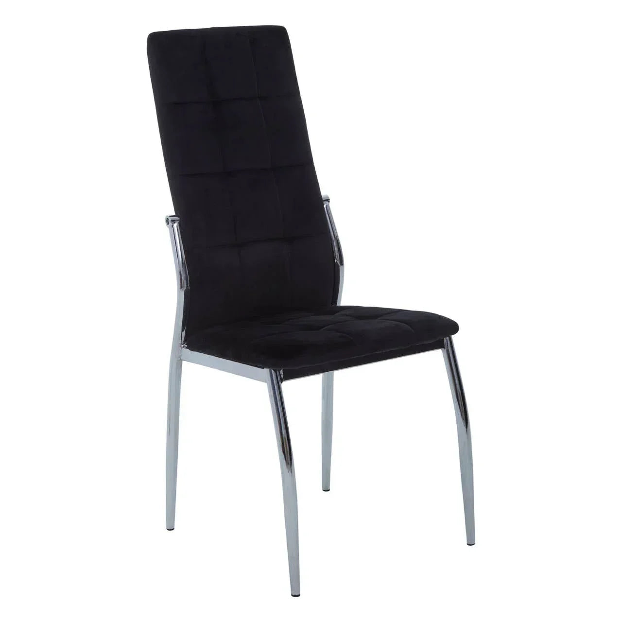 Black velvet dining chair with high backrest and chrome legs, angled front view