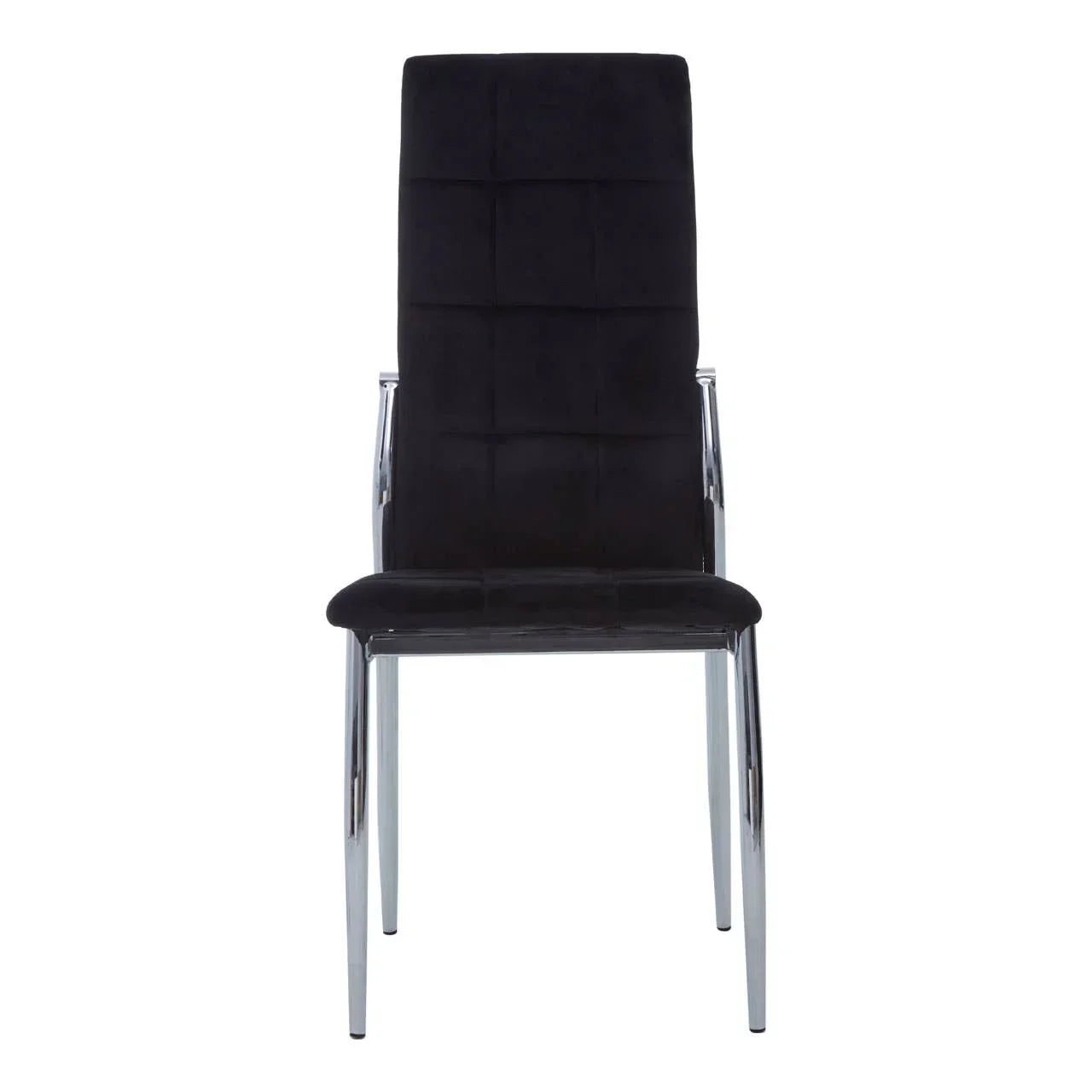 Black dining chair with chrome legs and high back, front view
