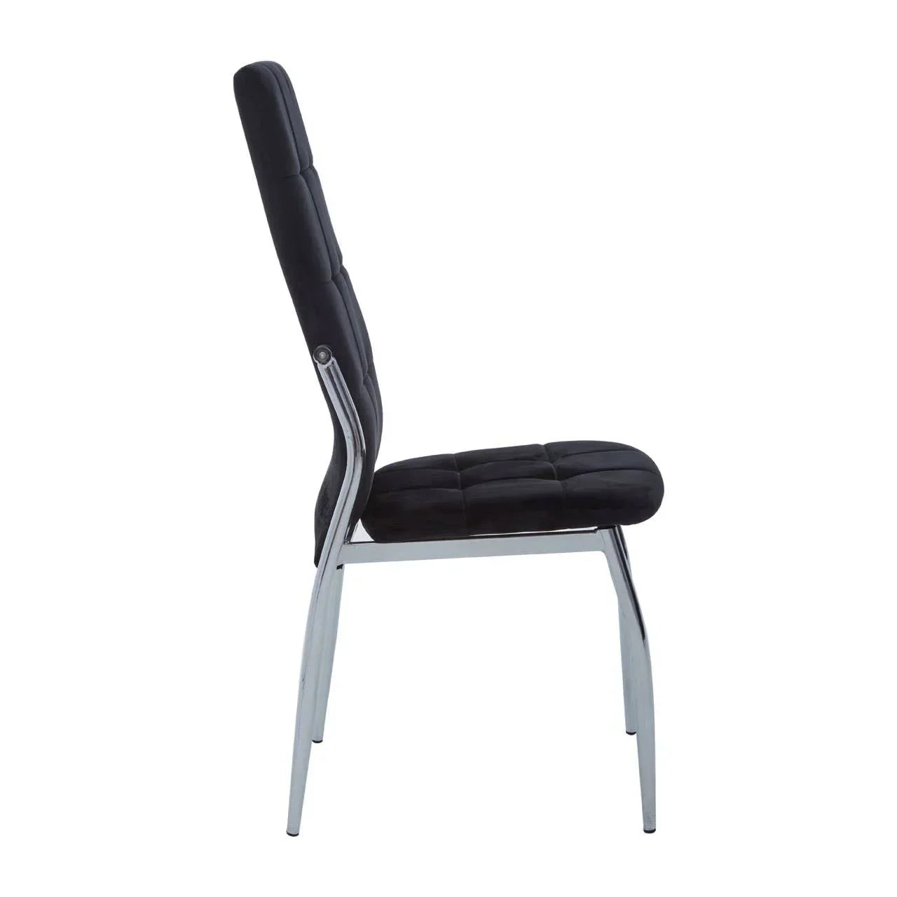 Side view of black velvet dining chair with chrome legs and tufted seat