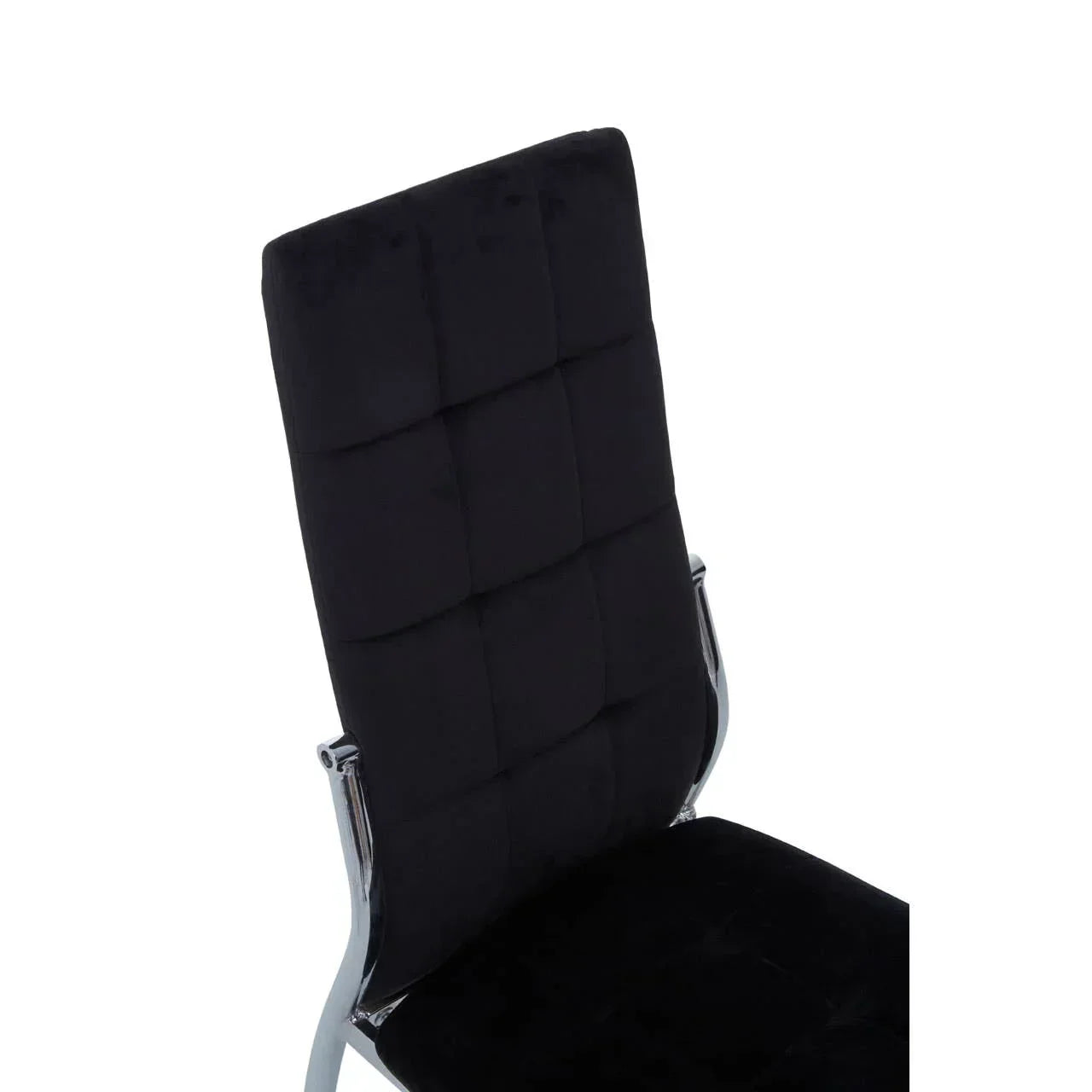 Black velvet dining chair with chrome frame and quilted high backrest