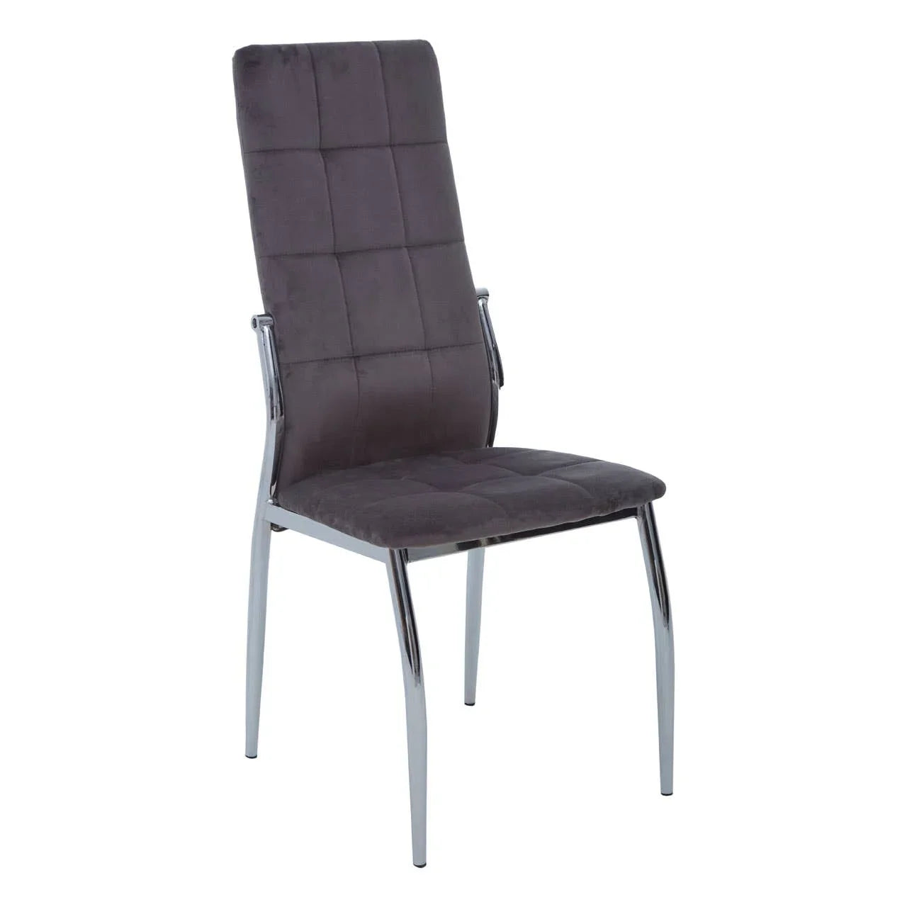 Grey velvet dining chair with chrome legs and high backrest, front angle view