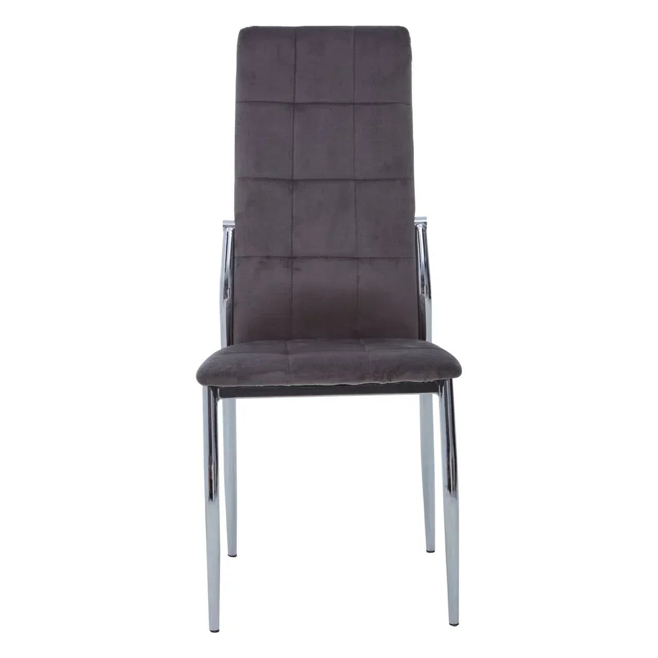 Grey velvet dining chair with chrome legs, front view