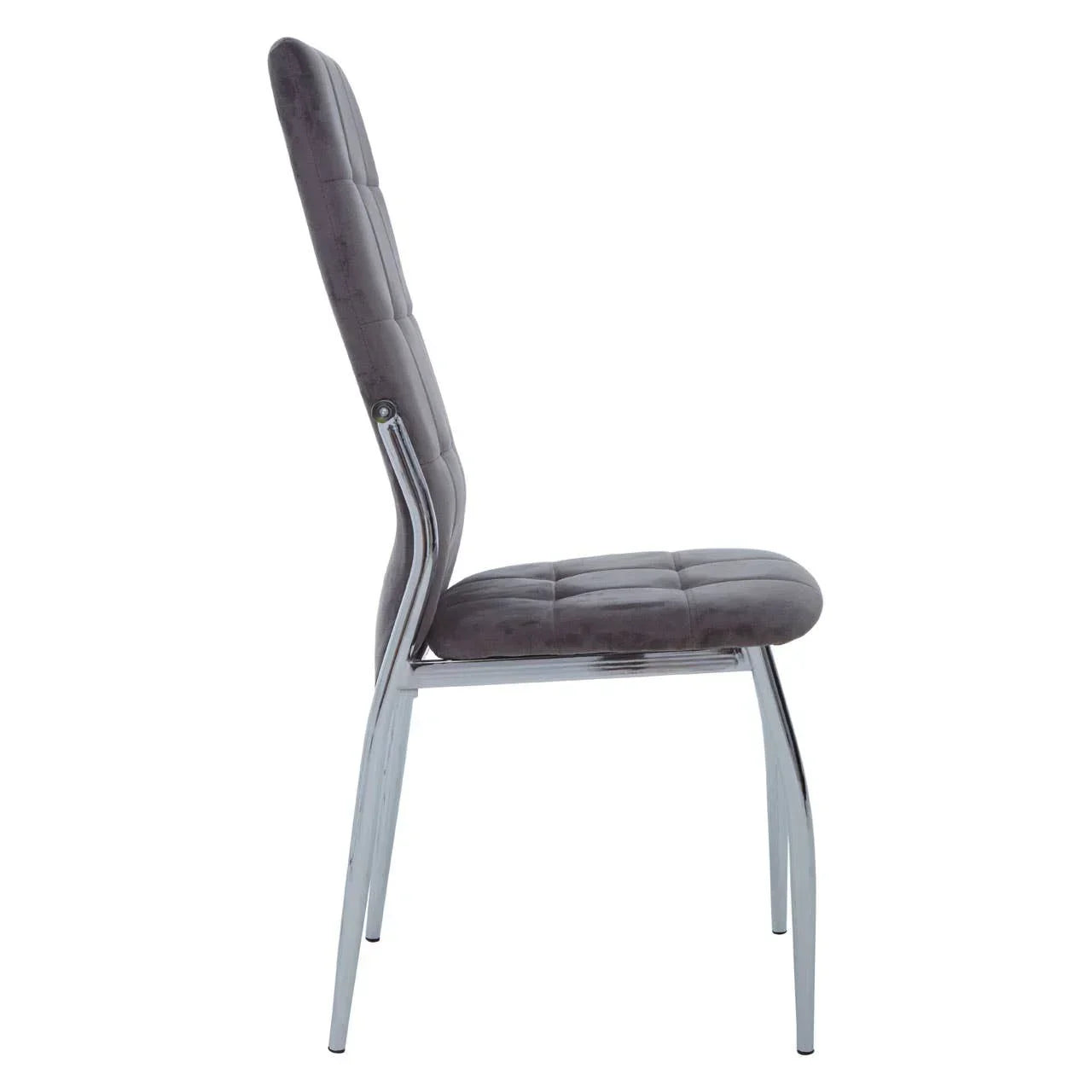 Grey velvet dining chair with chrome legs and tufted seat, side profile view