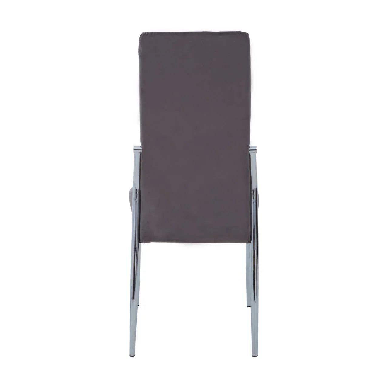 Back view of grey dining chair with chrome legs and upholstered seat