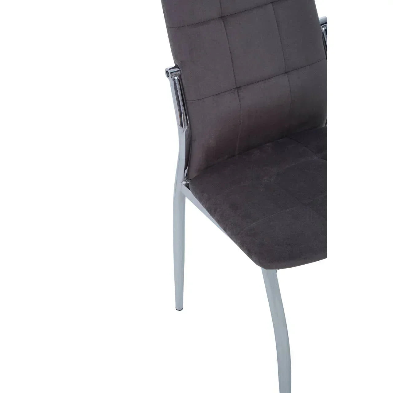 Grey fabric dining chair with chrome legs, front angled view highlighting seat and backrest