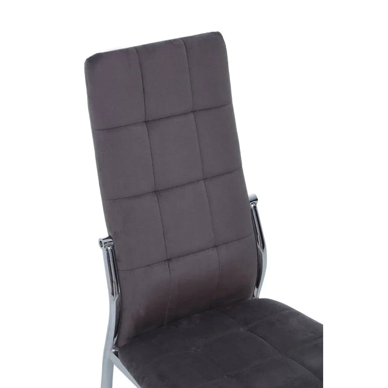 Grey fabric dining chair with high quilted back and chrome frame, close-up view