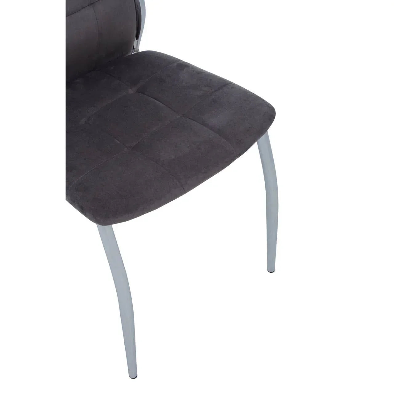 Grey fabric dining chair with square stitched seat and silver metal legs, partial side view