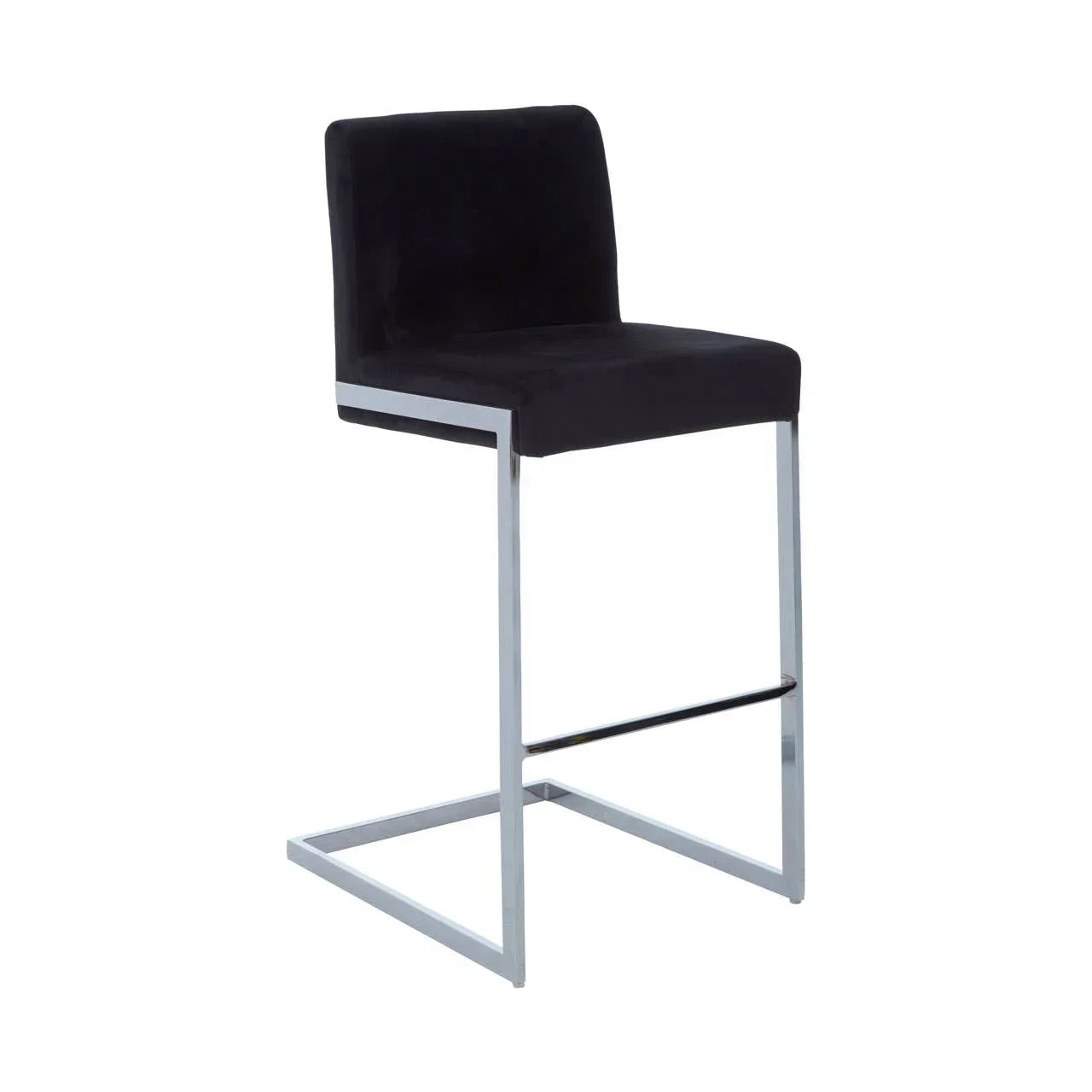 Black velvet bar stool with chrome metal frame and low backrest