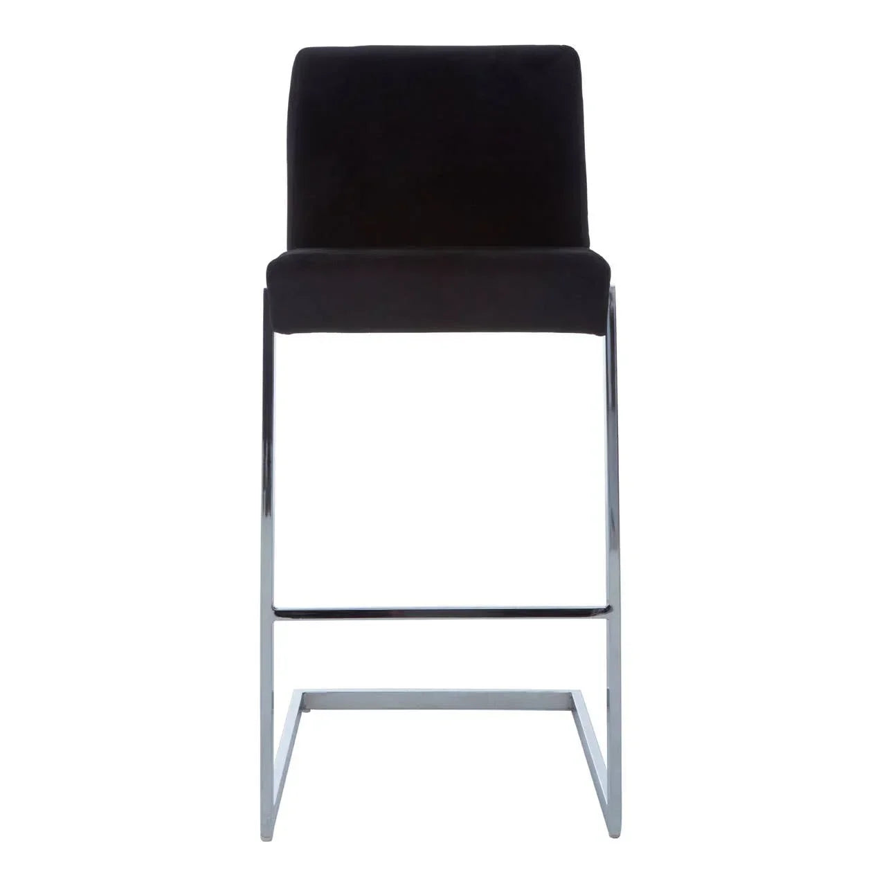 Black velvet bar stool with chrome legs, front view