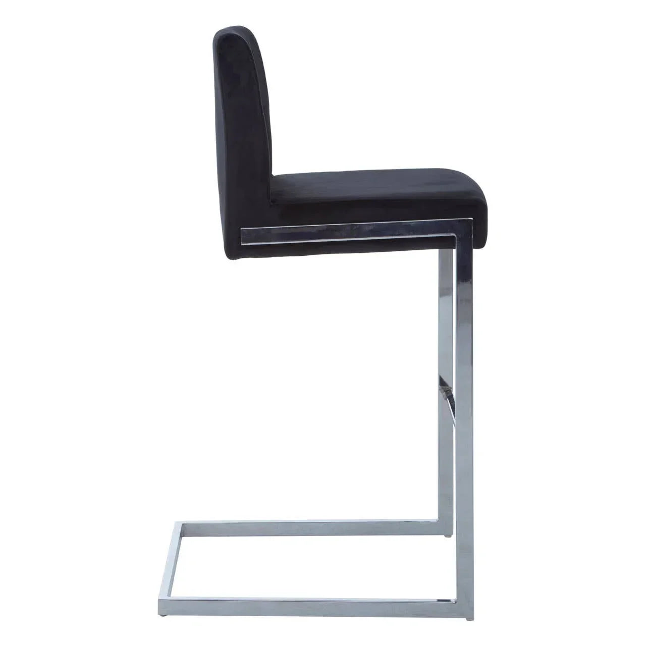 Black velvet bar stool with chrome cantilever base, side view