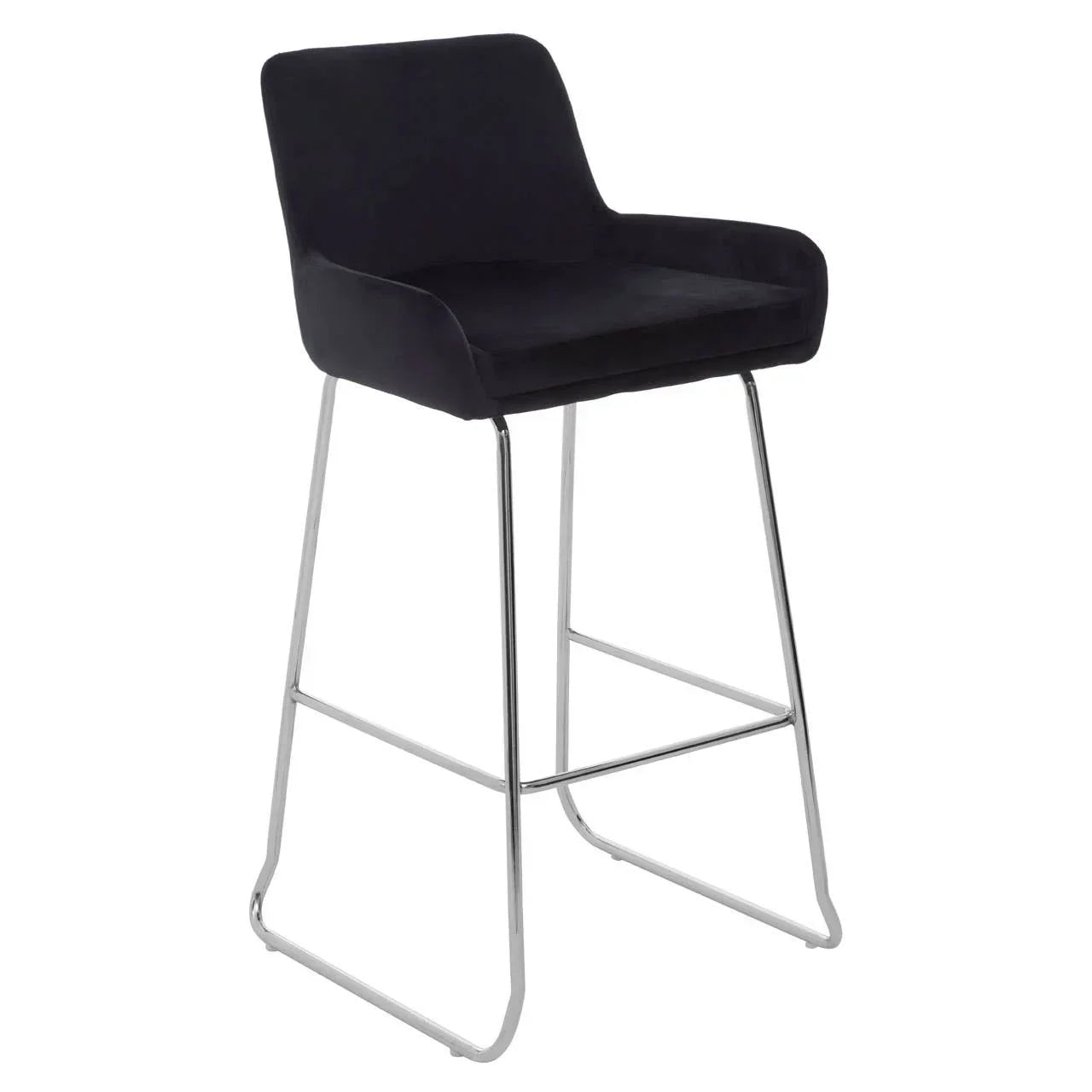 Black velvet bar stool with chrome legs and low backrest shown at an angle