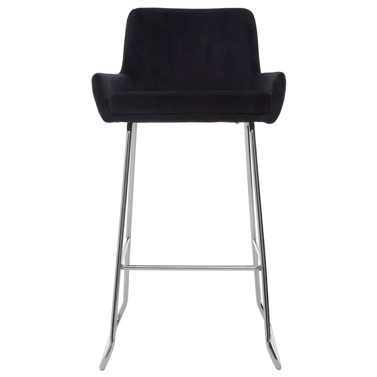 Black velvet bar stool with chrome metal legs and curved armrests, front view